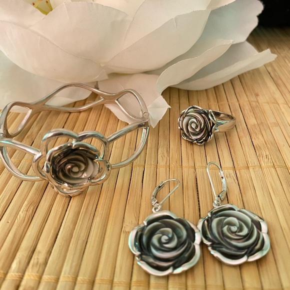 Genuine Abalone Solid Sterling Silver 925 Stamp Flower/Rose One Size Adj… - Picture 10 of 15